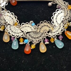 AGACI Filigree Charm Bracelet Silver Tone Multicolor Boho Beaded Gypsy Fringe 7"